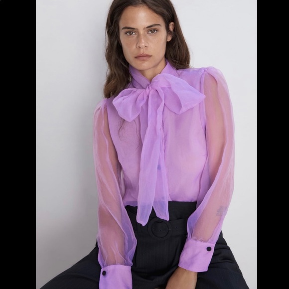 Zara Lavender Sheer Bow-Tie Blouse - Picture 3 of 16